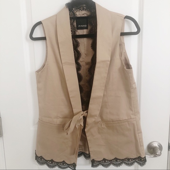 Pinko Tops - Pinko Tan Vest with Black Lace Details